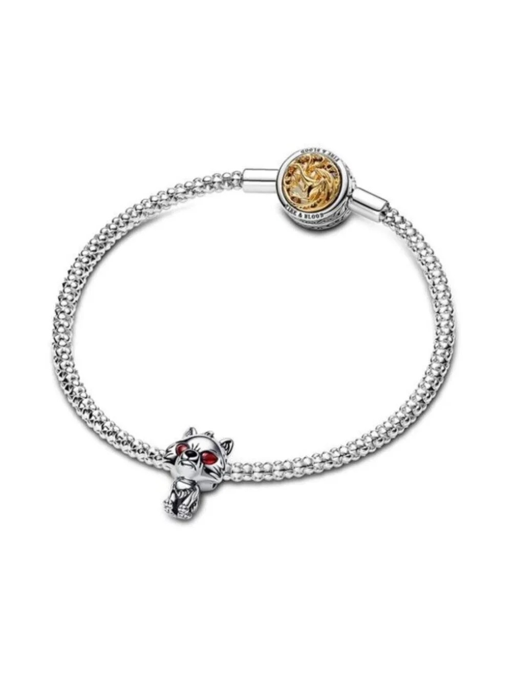 Pandora Silver Bracelet with Gold Accent and Red-Eyed Cat Charm